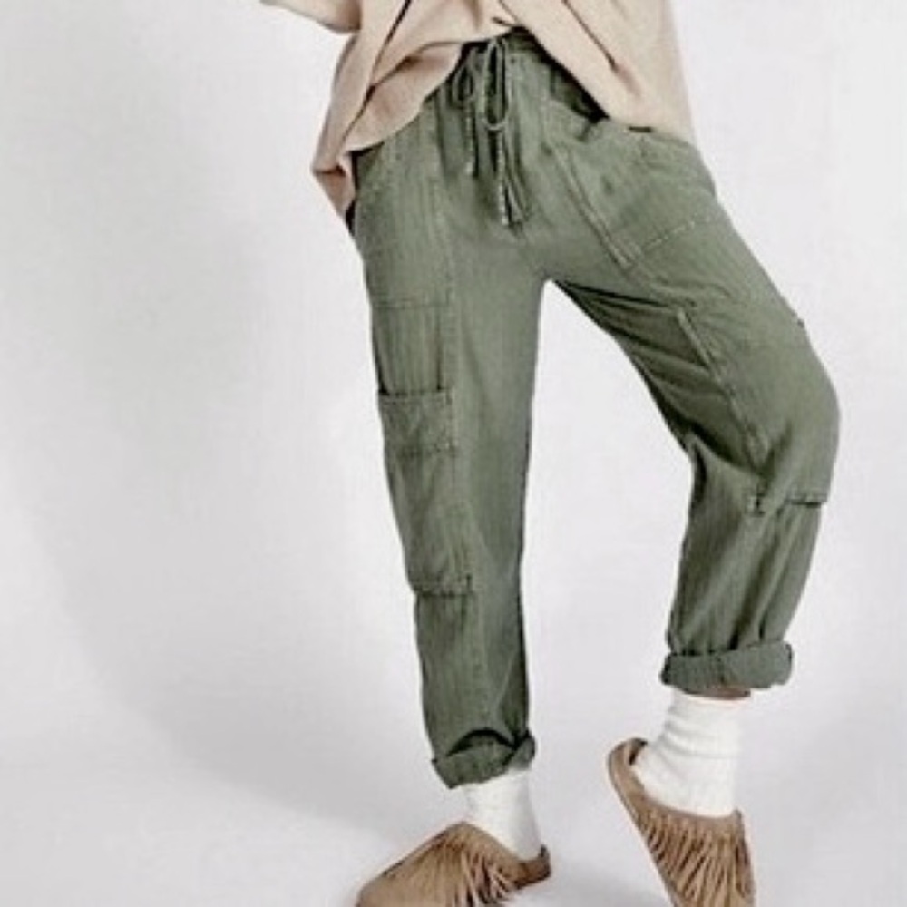 Linen Cargo FREE PEOPLE Feelin Good Utility Pull Pant Khaki Trouser Boho Slouchy